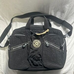 Kipling Black Crinkle Nylon Messenger Bag Laptop Crossbody Multi Pocket Bag#485